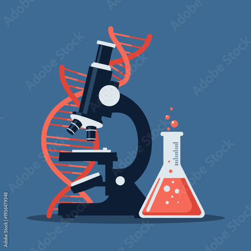 Microscope, DNA helix, and Erlenmeyer flask with bubbles, science and research concept