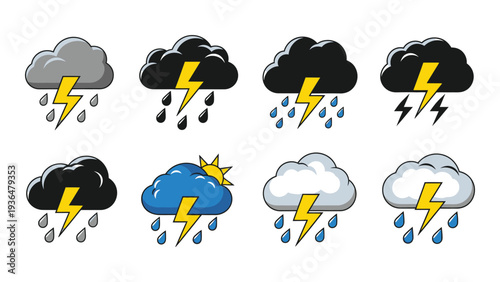 A set of weather icons featuring clouds and lightning bolts