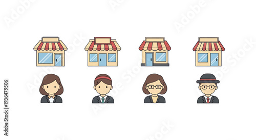Cartoon small business storefronts with diverse businesspeople icons, concept for retail shops and entrepreneurs, ideal for business presentations