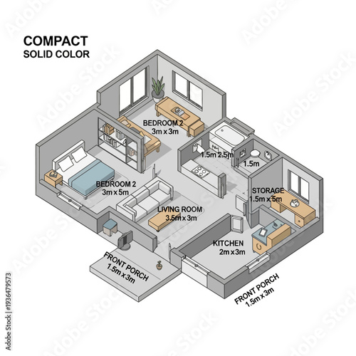 Compact apartment floor plan with labeled rooms and dimensions.