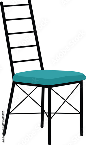 Modern metal frame chair, teal cushioned seat, ladder back design, geometric furniture illustration, stylish interior seating, contemporary home decor
