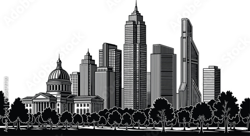 Detailed city skyline with skyscrapers and park trees, urban architecture landscape illustration, modern metropolitan downtown buildings vector silhouette