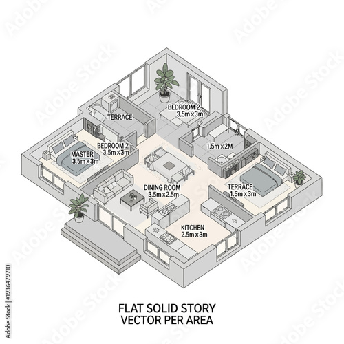 Detailed floor plan of a modern flat with labeled rooms and dimensions.