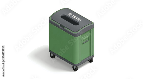 Industrial green wheeled container with dark grey top viewed from above on a white surface