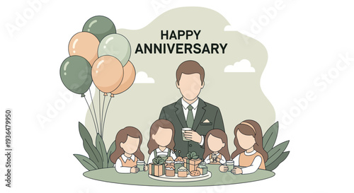 Happy anniversary celebration with family, gift boxes, cupcakes, and balloons, perfect for party and special occasion designs