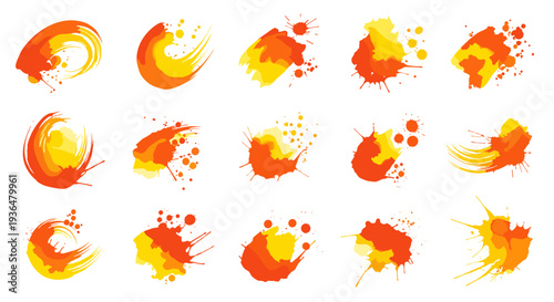 Collection of abstract orange and yellow splash paint strokes