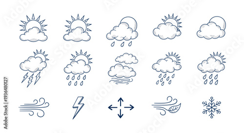 Collection of weather icons illustrating various rain snow and storm conditions