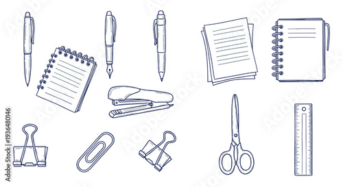 Collection of office supplies including pens notebooks scissors and clips