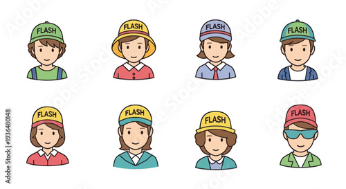 Set of diverse cartoon people wearing colorful flash caps with casual and professional outfits, ideal for social media or communication concepts