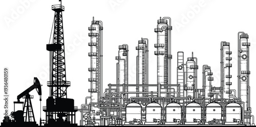Detailed oil refinery plant with drilling rig and pump jack, industrial petroleum processing factory skyline vector illustration