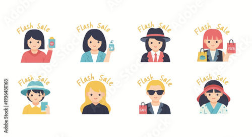 Set of diverse female characters with different accessories holding shopping bags and products under flash sale promotion, ideal for e-commerce and retail ads