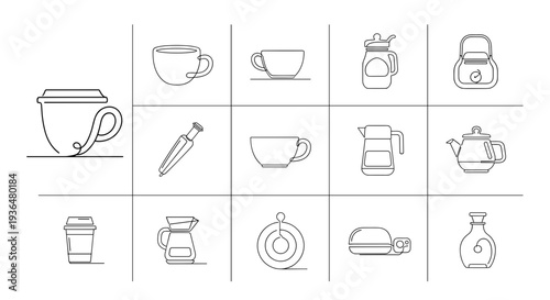 Collection of various coffee cups and mugs with different designs