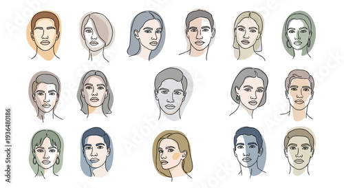 Collection of diverse illustrated female faces with various expressions