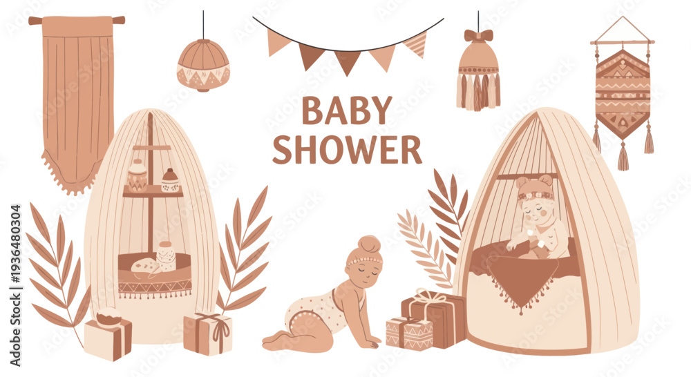 Fototapeta premium Boho baby shower invitation with cute infants, cozy tents, gifts, and decorative plants in warm beige tones, perfect for baby celebration designs