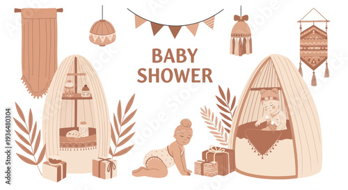 Boho baby shower invitation with cute infants, cozy tents, gifts, and decorative plants in warm beige tones, perfect for baby celebration designs