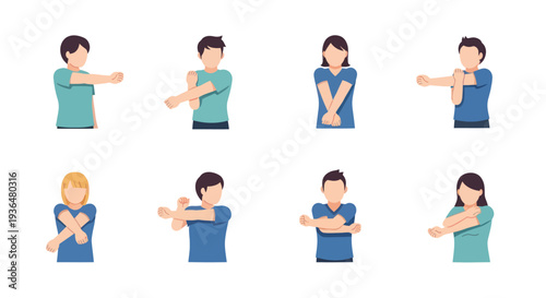 Set of faceless people stretching arms and warming up for fitness or exercise, health and wellness concept