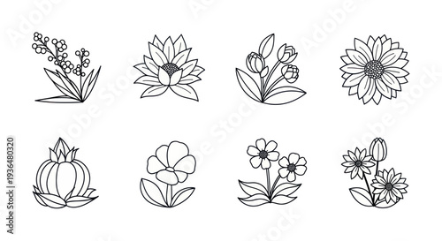 Set of eight simple black line art floral icons with leaves and petals, perfect for design projects, logos, and coloring pages