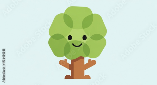 A smiling cartoon broccoli character with a happy face and green leaves.
