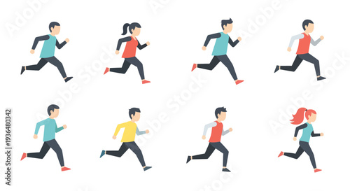 Set of flat style running people illustrations showing men and women jogging and sprinting in colorful casual clothes, perfect for fitness or sports projects