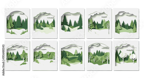 Collection of watercolor landscape illustrations featuring forests and mountains