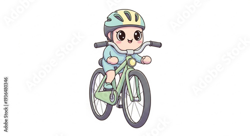 A happy cartoon child riding a bicycle wearing a helmet.
