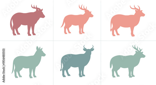 Colorful deer and stag silhouettes collection in muted pastel tones, perfect for nature designs, wildlife projects, and decorative patterns