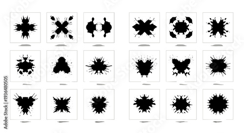Collection of black ink splatters and abstract shapes
