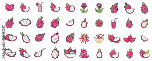 Dragon Fruit Icon Set Illustration