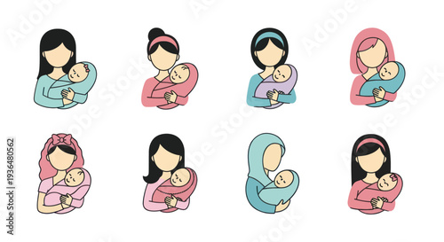 Vector illustration set of diverse mothers holding swaddled newborn babies, perfect for parenting, family, and baby care designs