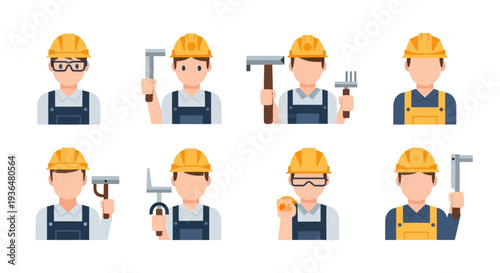 Construction workers with helmets and tools icons set, industrial labor and safety concept, vector illustration for workplace or engineering design