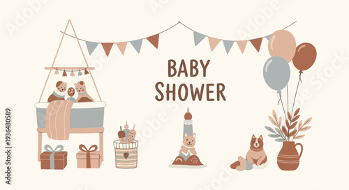 Cute baby shower decorations with balloons, gifts, teddy bears, and pastel bunting flags in neutral tones for elegant party invitations and celebration designs