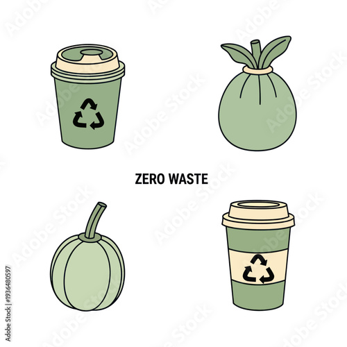 Zero waste concept with recyclable coffee cups and eco-friendly bags for sustainable lifestyle and environmental conservation