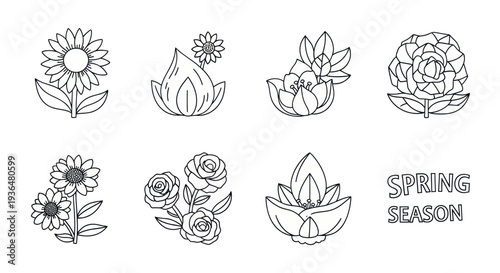 Spring season floral line art icons set with various flowers and buds, perfect for seasonal designs and coloring projects