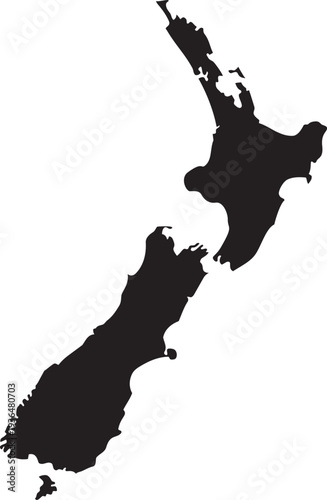 Black silhouette map of New Zealand isolated on white background representing country outline for travel and geography concepts