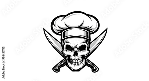 Skull wearing chef hat with crossed daggers illustration.