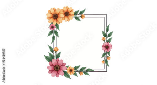 Decorative floral frame with pink and yellow flowers and green leaves on white background, perfect for invitations and greeting cards