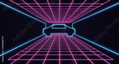 Neon lit futuristic highway with a sleek sports car speeding through.