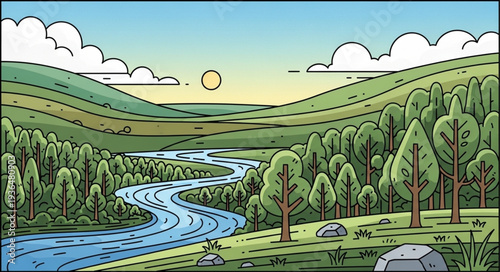 Serene landscape with winding river and lush green hills.