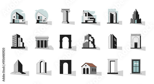 Collection of various architectural structures and building facades