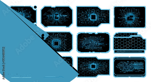 Collection of digital icons and symbols in a futuristic style