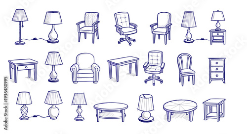 Collection of various furniture pieces including tables chairs and lamps