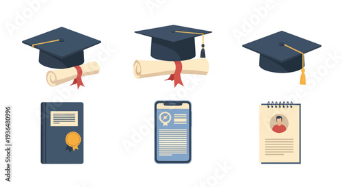 Education icons set with graduation caps, diplomas, certificate book, digital diploma on smartphone, and profile document for learning and achievement
