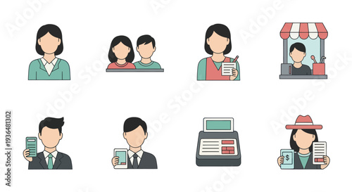 Business people and marketplace icons set including male and female characters with smartphones, cash register, customer service, and shopping concepts for commercial use