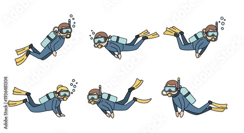 Set of cartoon scuba divers with diving gear and bubbles in various swimming poses, perfect for aquatic and underwater themed illustrations