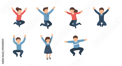 Cartoon business people and children jumping in excitement, happy characters celebrating success or achievement, vector illustration for team spirit or motivation