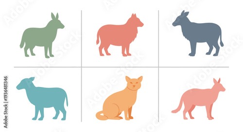 Colorful dog and cat silhouette collection in flat style, vector set of six different colored pets for design and decoration