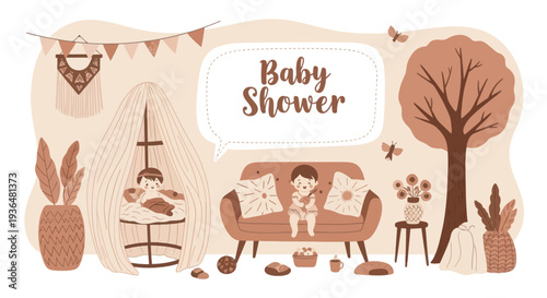 Cute baby shower illustration with babies, cozy room decor, plants, and butterflies in warm neutral tones for party invitations and announcements