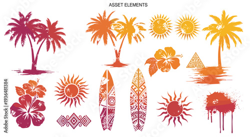 Set of tropical island silhouettes with palm trees sun and ocean