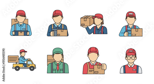 Set of delivery and courier mailman icons carrying packages and driving a delivery truck, ideal for logistics and shipping design
