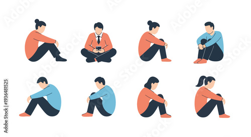 Set of diverse people sitting in thoughtful, sad, or pensive poses, business and casual styles, concept of loneliness, stress, or contemplation, flat design illustration